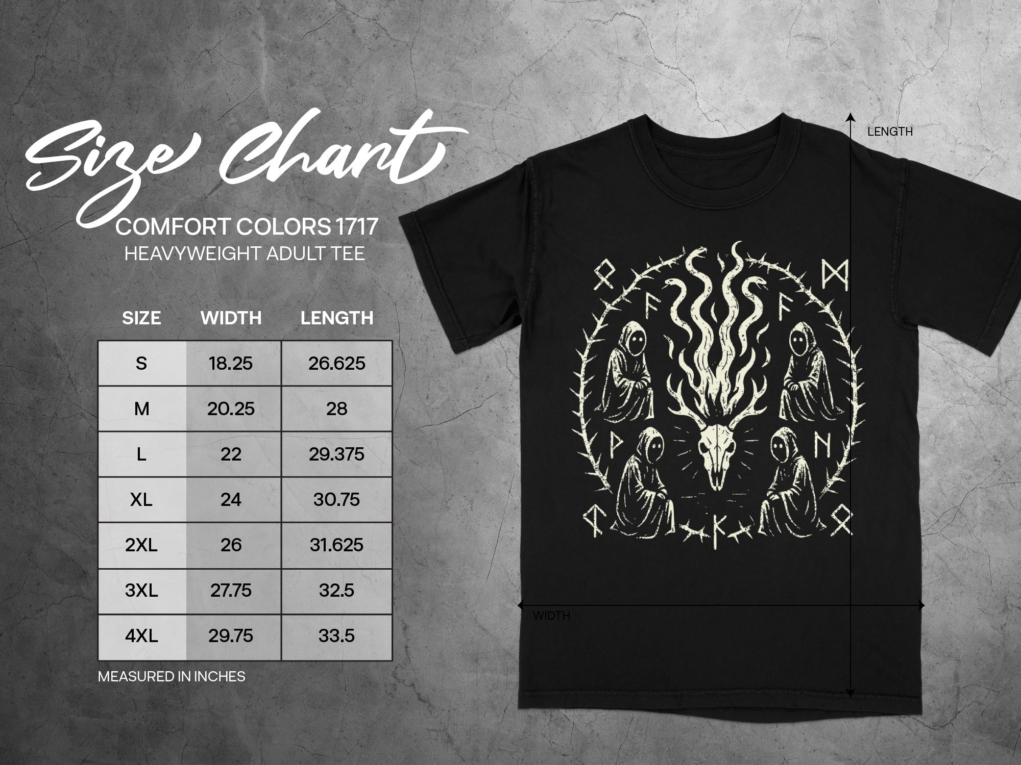 Comfort Colors 1717 heavyweight adult tee size chart with width and length measurements in inches.
