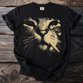 Black t-shirt with gold distressed print of a cat's face smoking a cigarette.