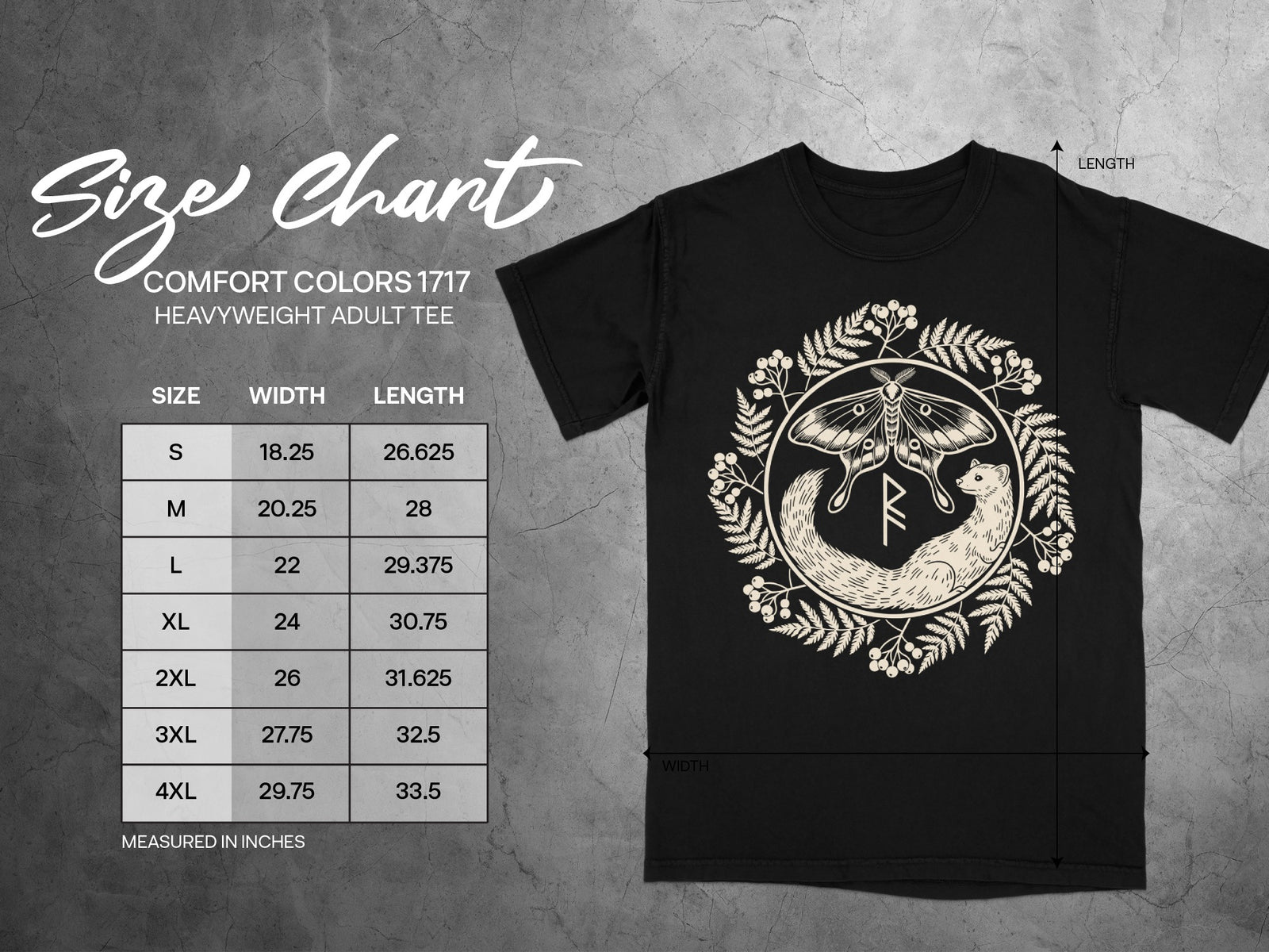 Comfort Colors 1717 heavyweight adult tee size chart with width and length measurements.