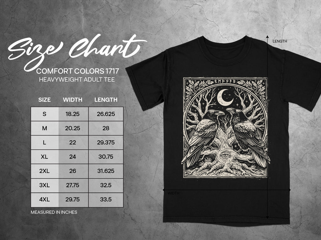 Comfort Colors 1717 heavyweight adult tee size chart with raven design.