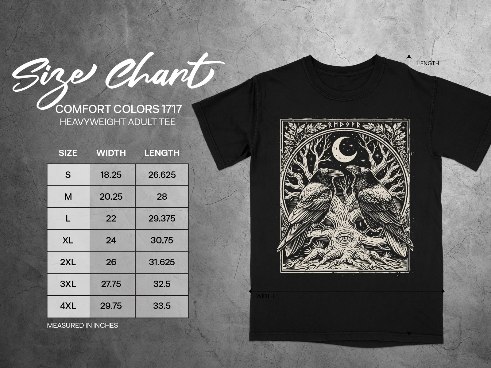 Comfort Colors 1717 heavyweight adult tee size chart with raven design.