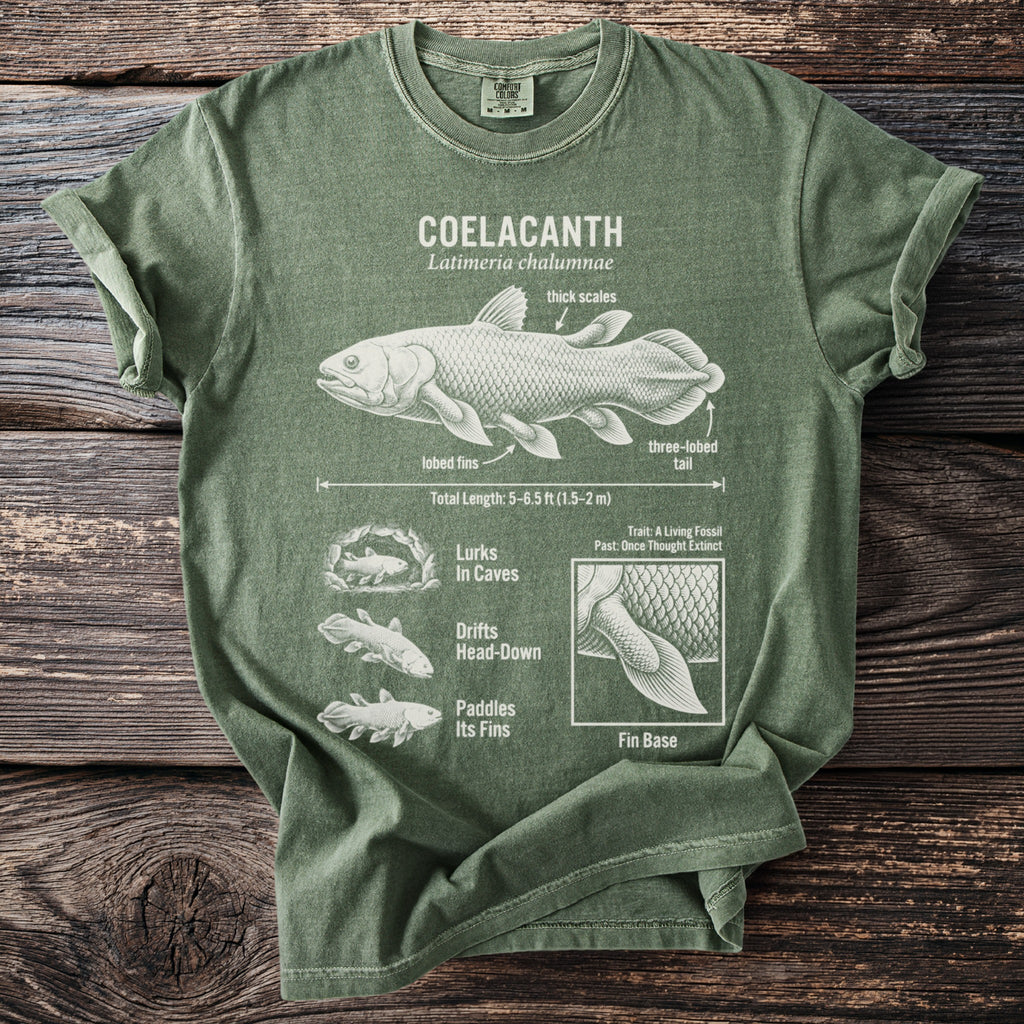 Green t-shirt with a diagram of a Coelacanth fish, labeled with characteristics.