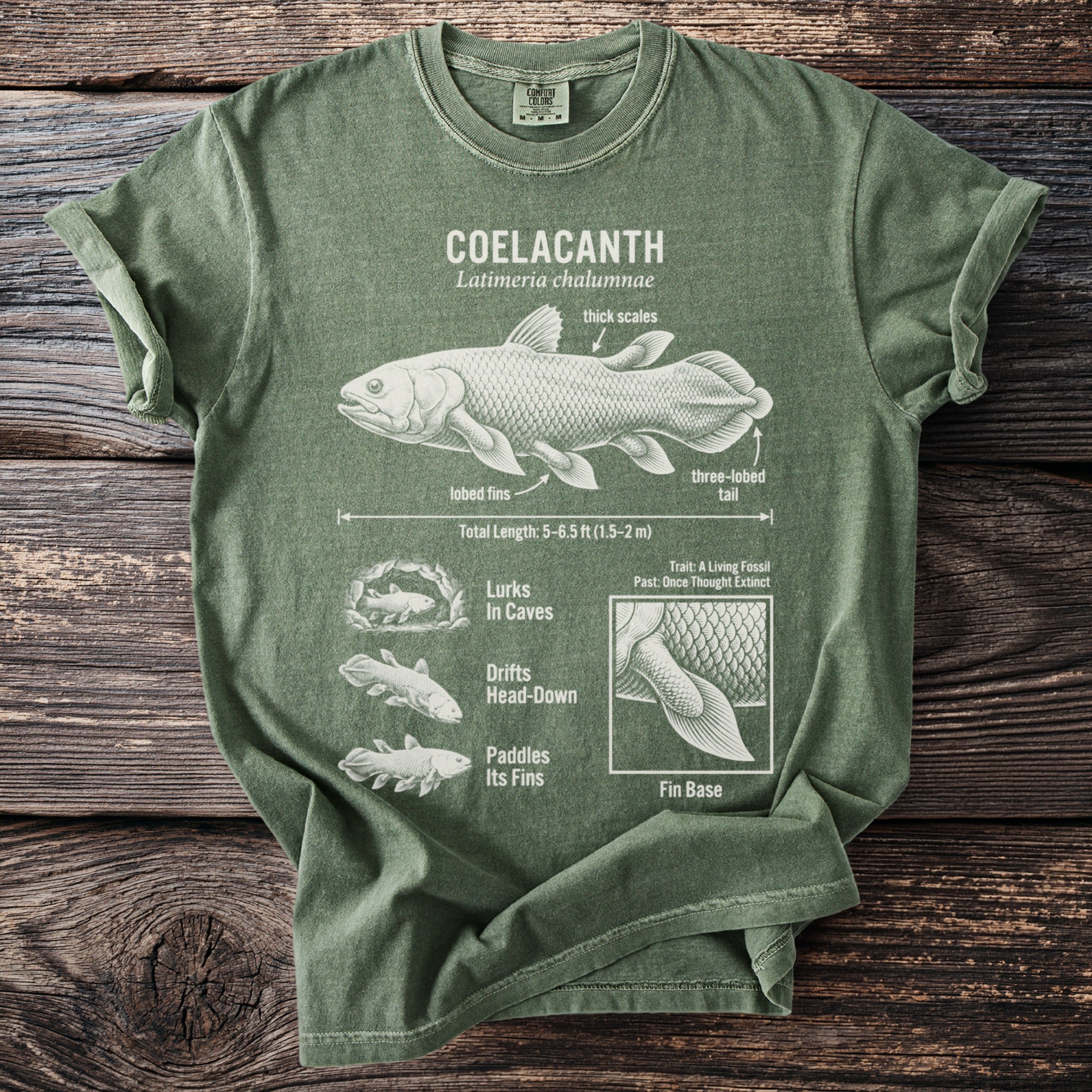 Green t-shirt with a diagram of a Coelacanth fish, labeled with characteristics.