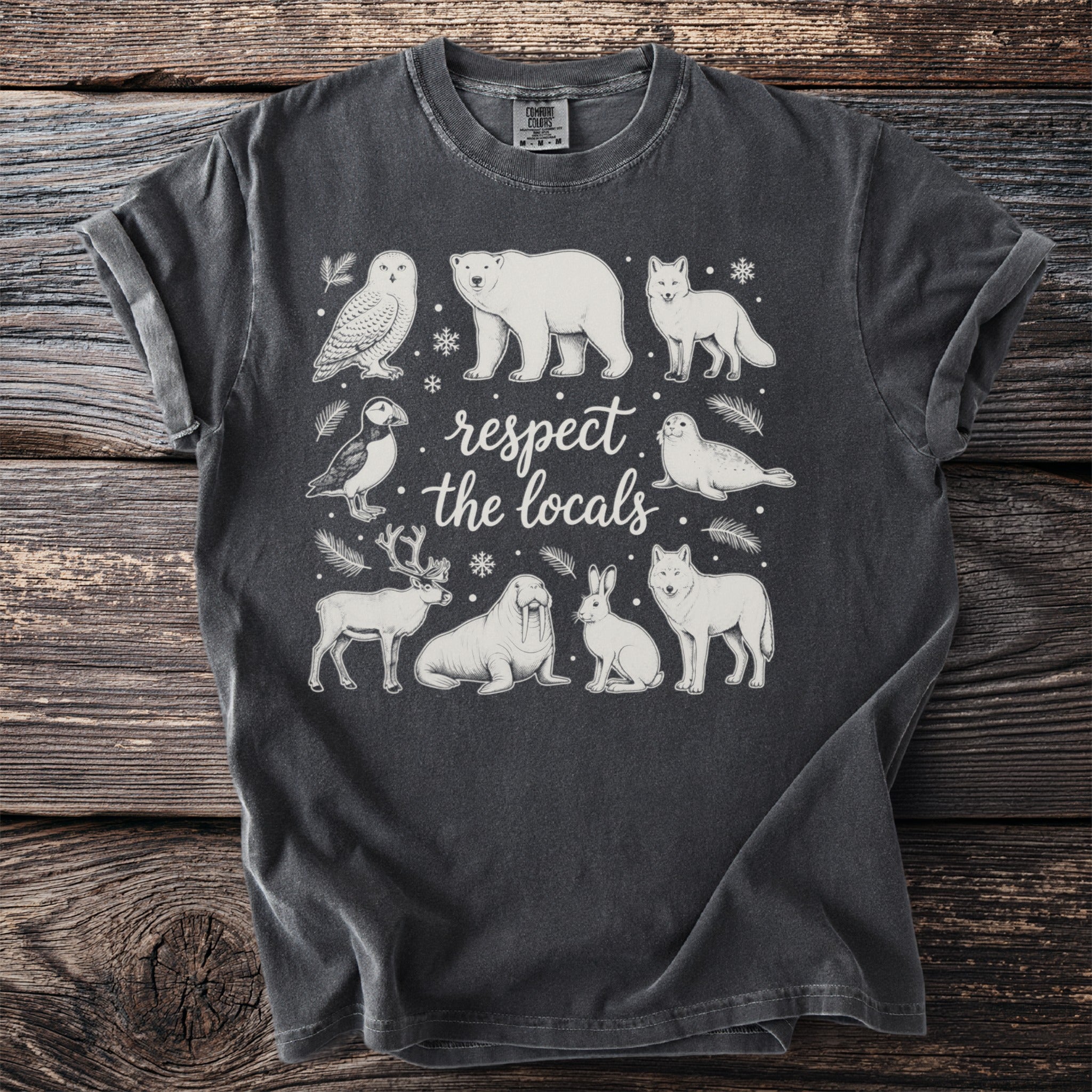 Charcoal t-shirt with "respect the locals" text and arctic animals illustration