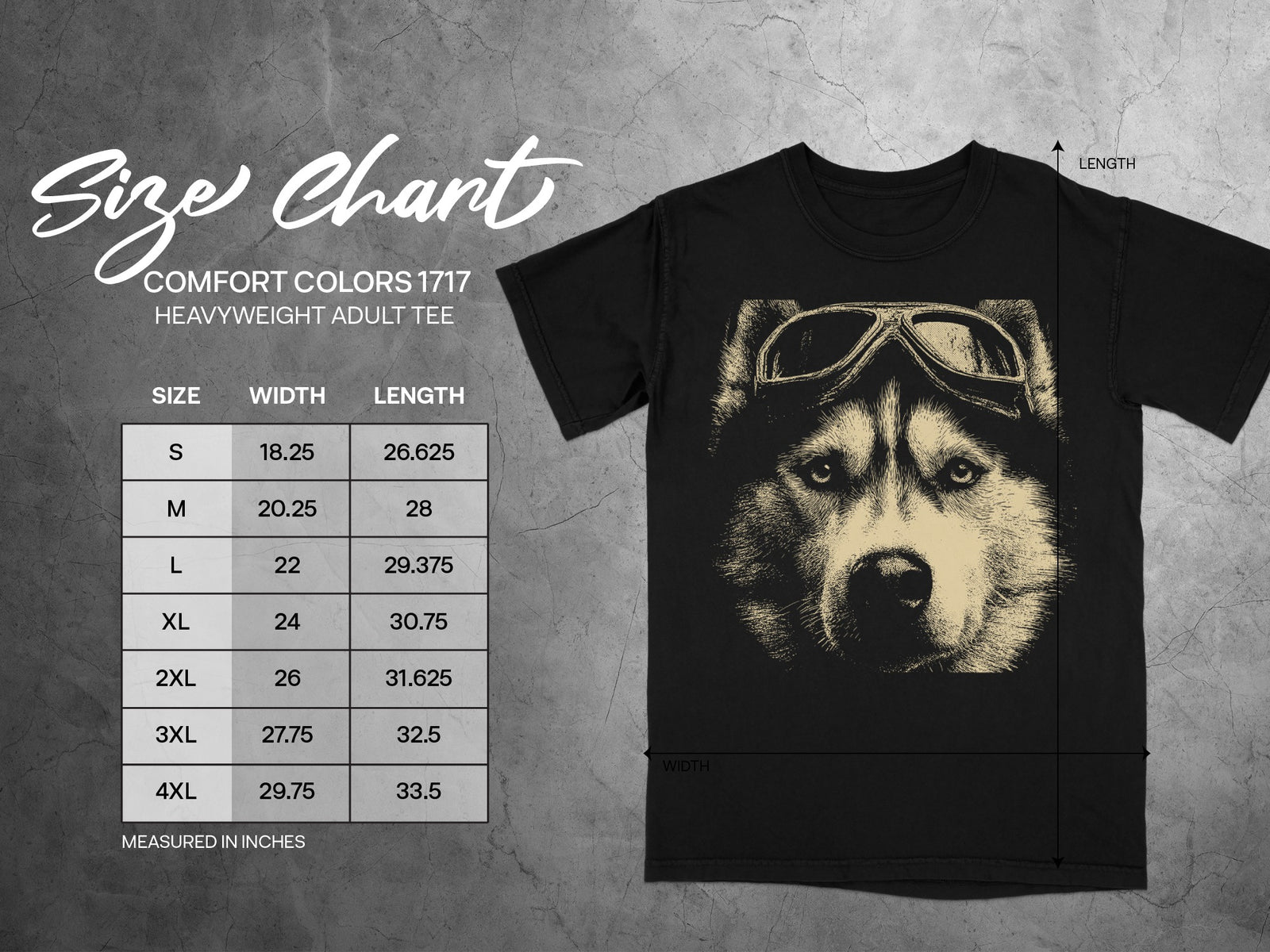 Comfort Colors 1717 heavyweight adult tee size chart with husky graphic.
