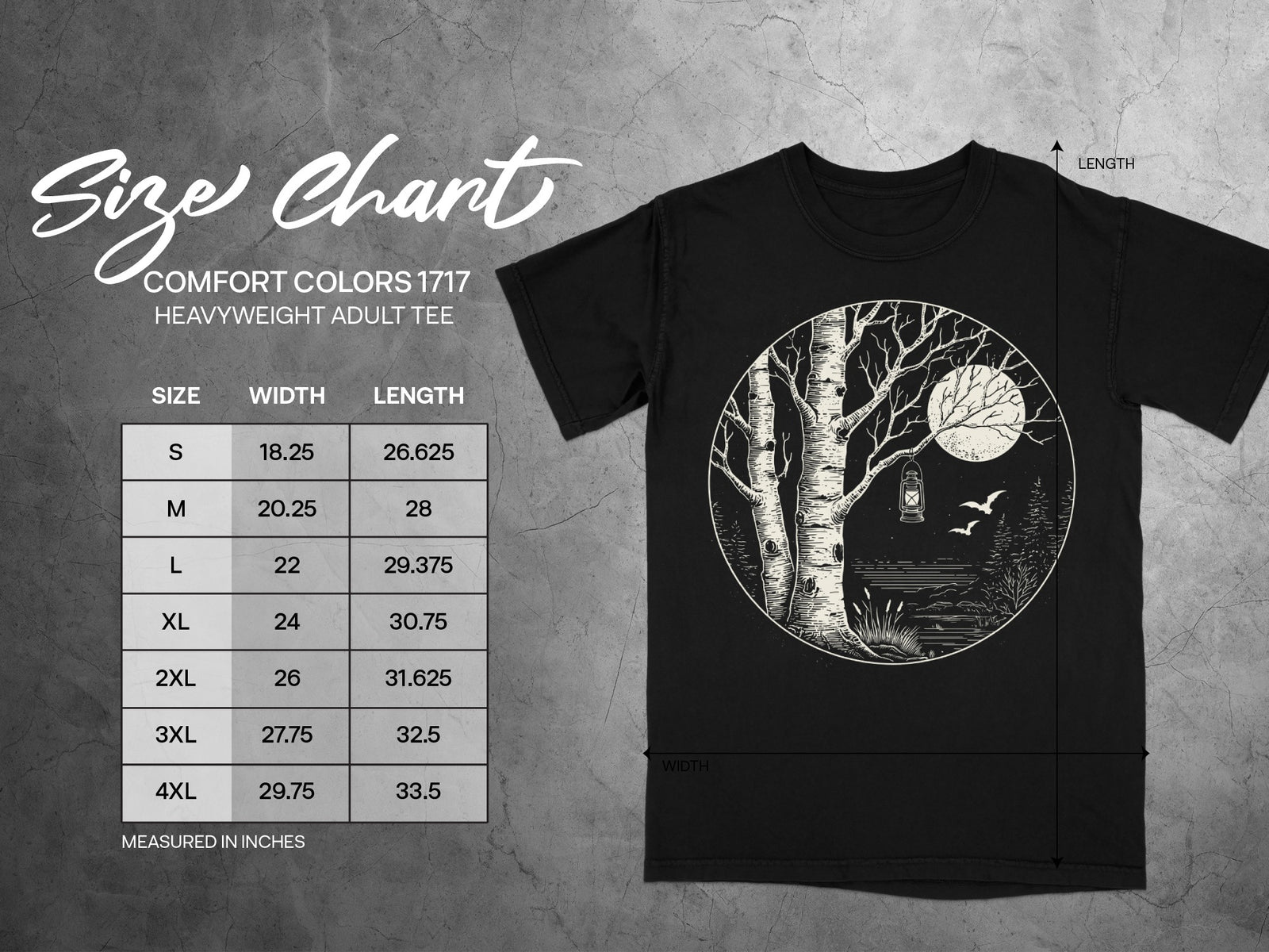 Comfort Colors 1717 heavyweight adult tee size chart with measurements in inches.