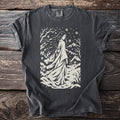 T-shirt with a winter scene featuring a woman in a kimono and snowflakes.