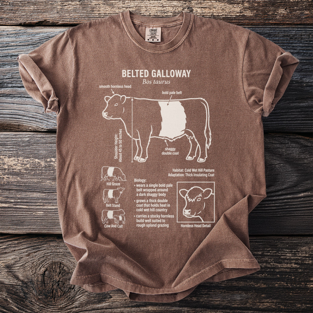 Brown t-shirt with detailed illustration of a Belted Galloway cow and breed information.