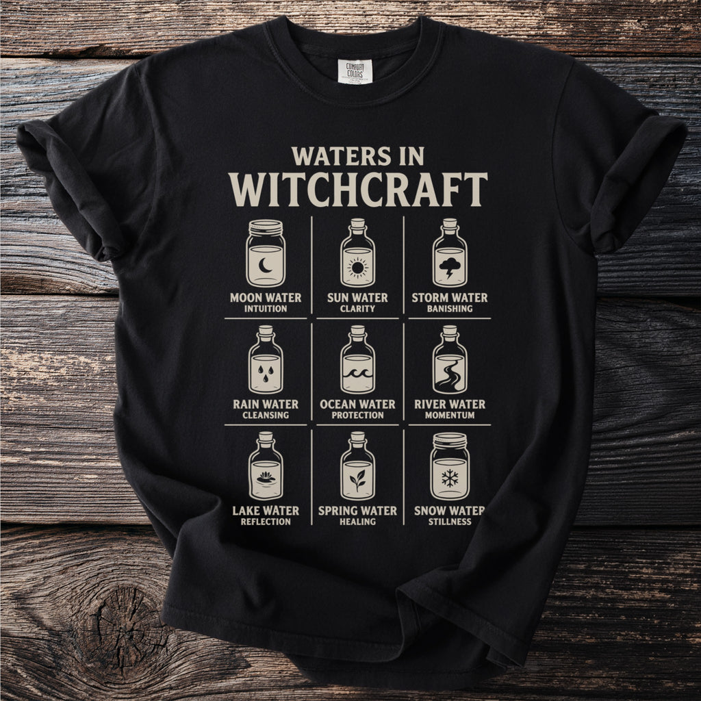 Black t-shirt graphic showing nine types of water in witchcraft, each with an icon and description.
