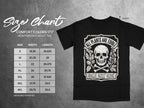 Size chart for Comfort Colors 1717 heavyweight adult tee with skull graphic.