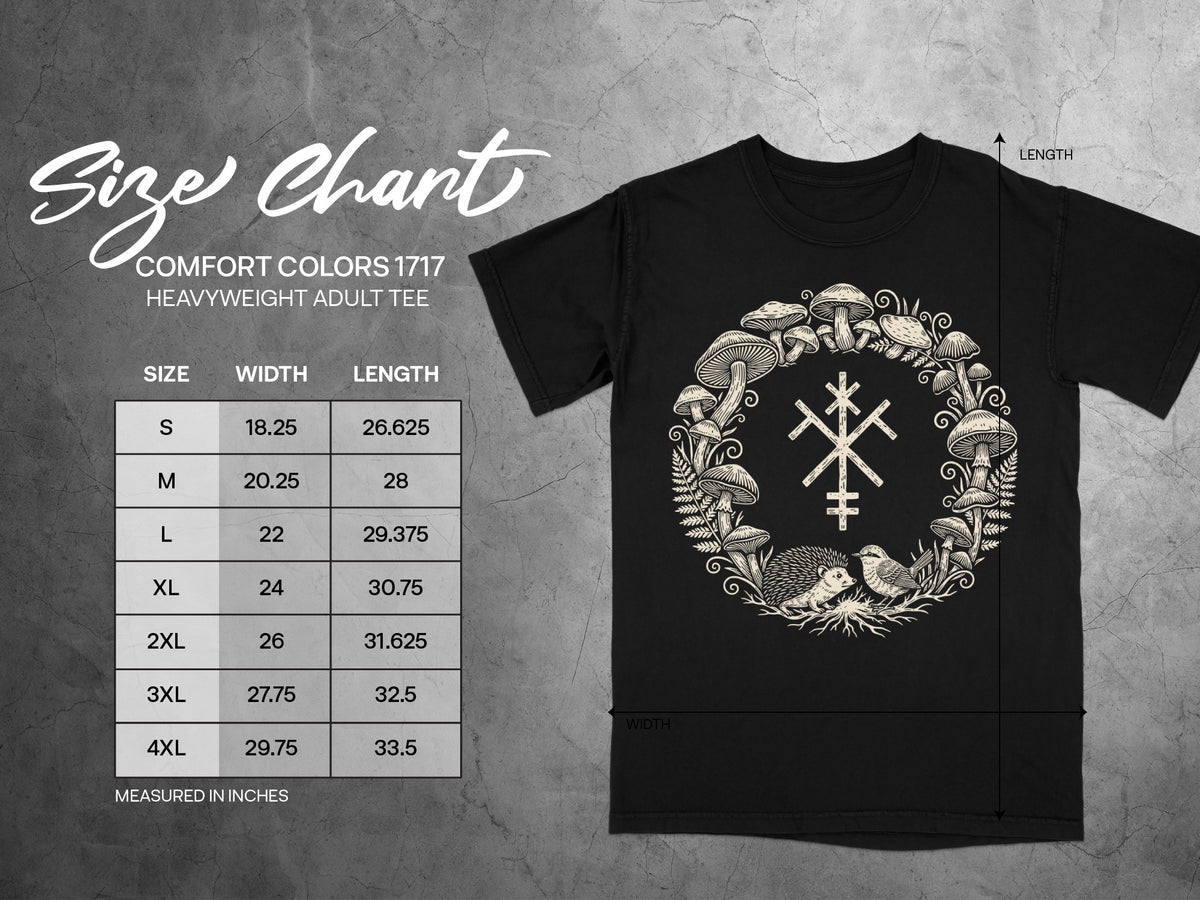 Black t-shirt size chart with mushroom, hedgehog, and bird graphic.