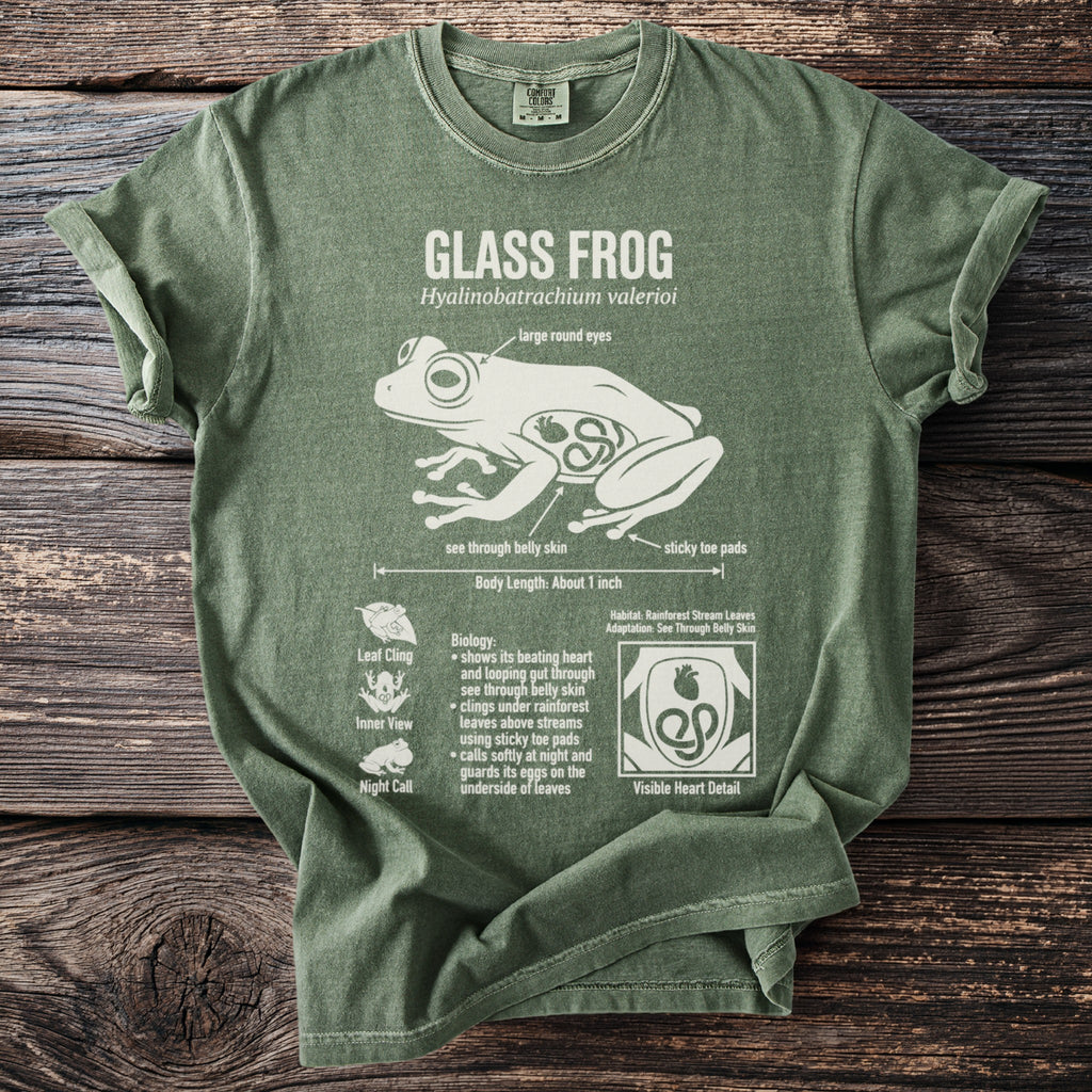 Green t-shirt featuring a Glass Frog diagram with scientific details and illustrations.