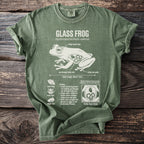 Green t-shirt featuring a Glass Frog diagram with scientific details and illustrations.