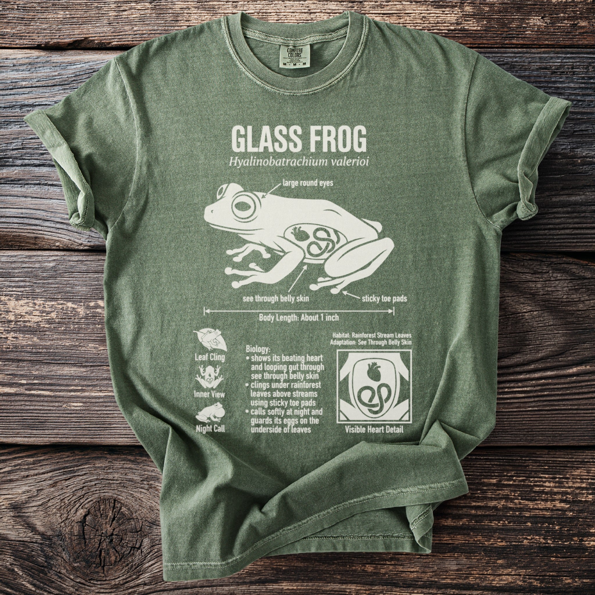 Green t-shirt featuring a Glass Frog diagram with scientific details and illustrations.