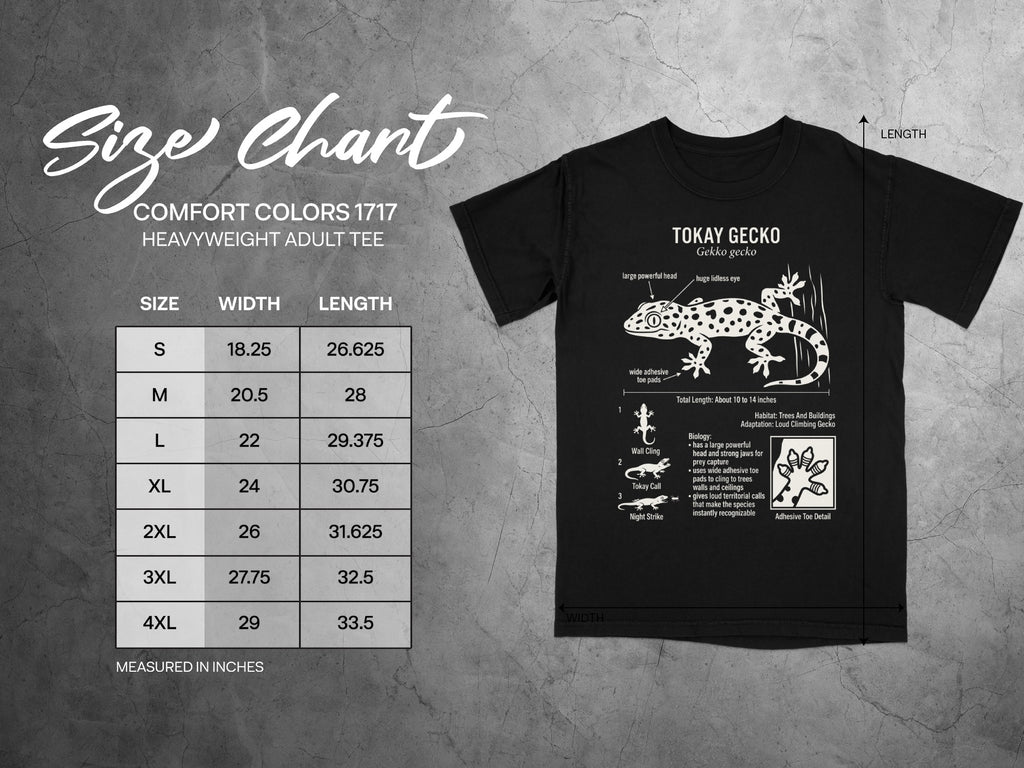 Tokay Gecko t-shirt with size chart and anatomical details of the gecko.