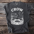 Charcoal t-shirt with white "CROW" text and a scene of crows.