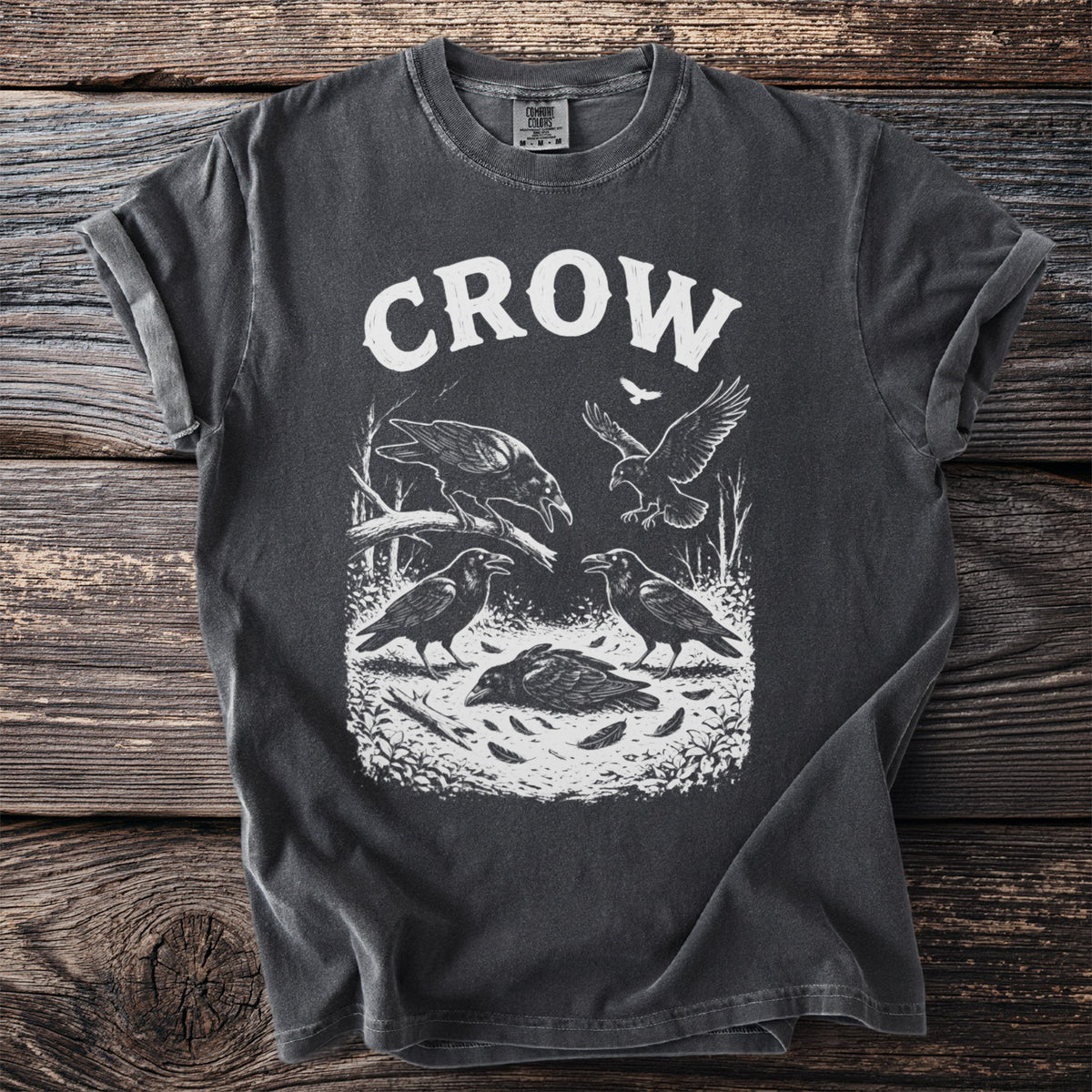 Charcoal t-shirt with white "CROW" text and a scene of crows.