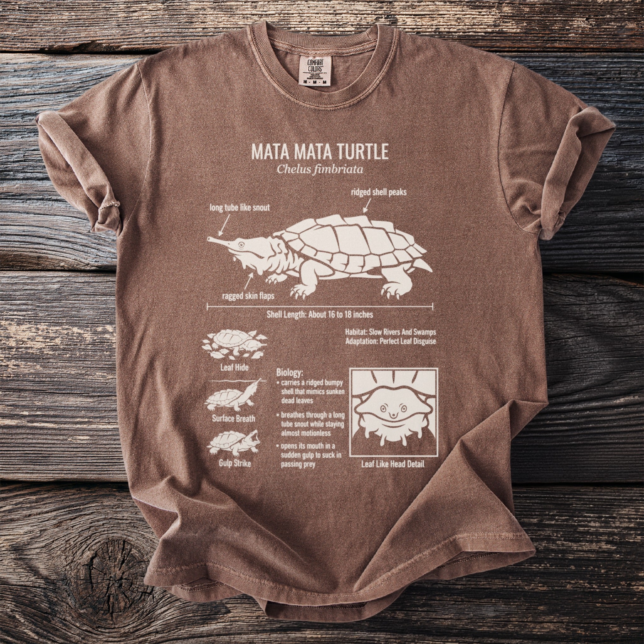 Brown t-shirt with Mata Mata Turtle scientific and biological details.