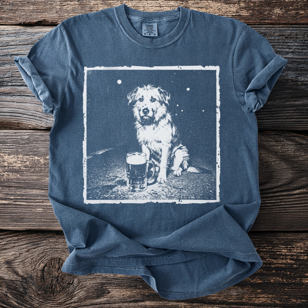 Blue t-shirt with a distressed print of a dog and beer mug.