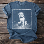 Blue t-shirt with a distressed print of a dog and beer mug.