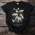 Black t-shirt with extinct megafauna illustrations: Irish elk, woolly rhinoceros, dodo, saber-toothed cat, ground sloth, woolly mammoth.