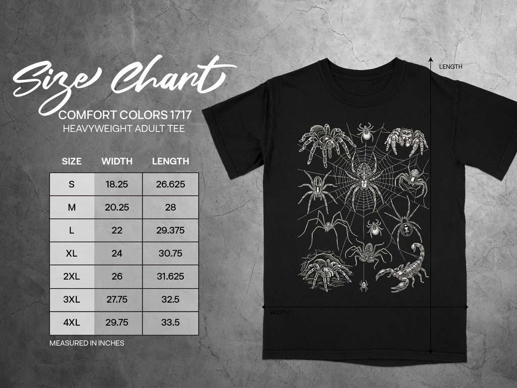 Comfort Colors 1717 heavyweight adult tee size chart with width and length measurements.