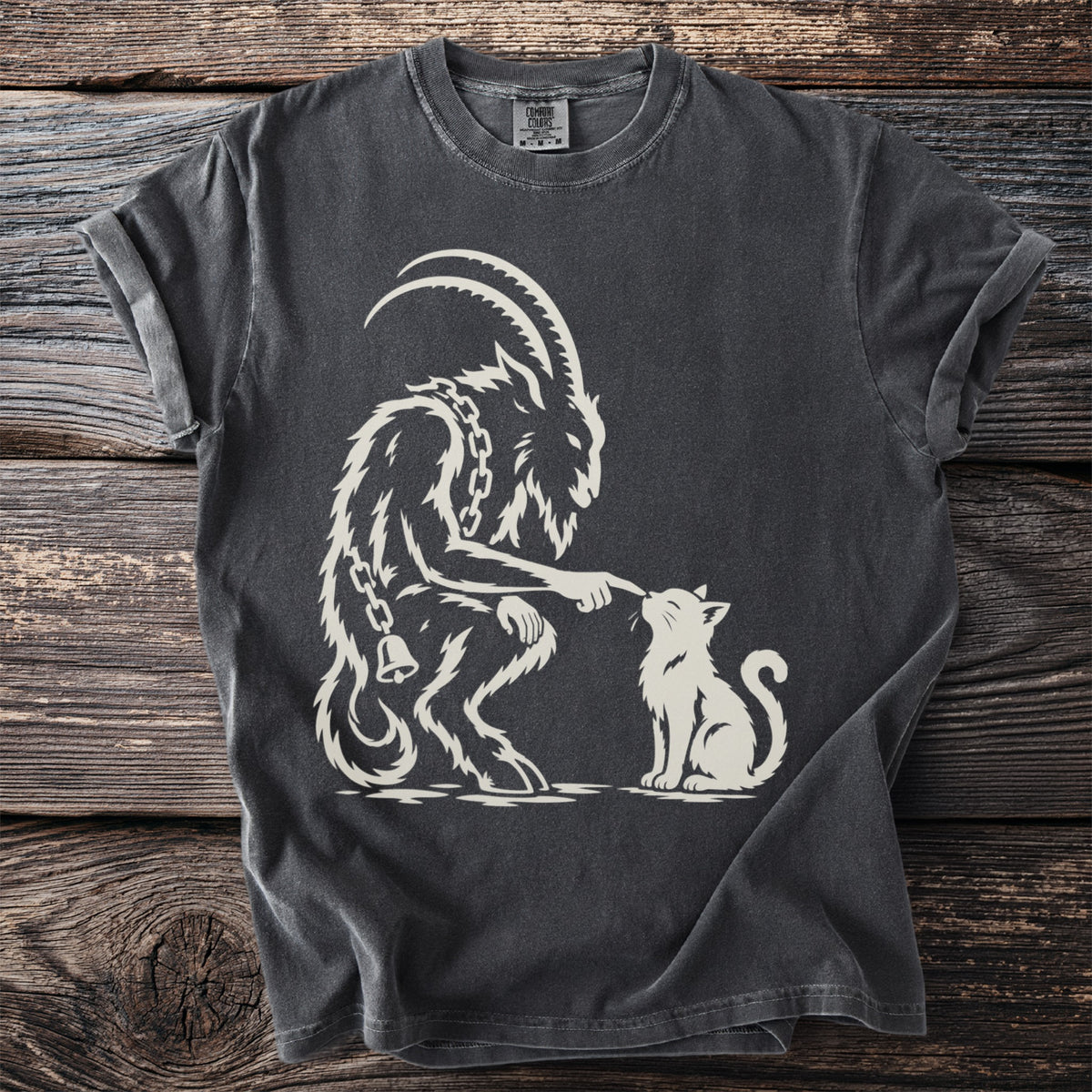 A goat-like creature with a bell on a chain touches a cat's nose.