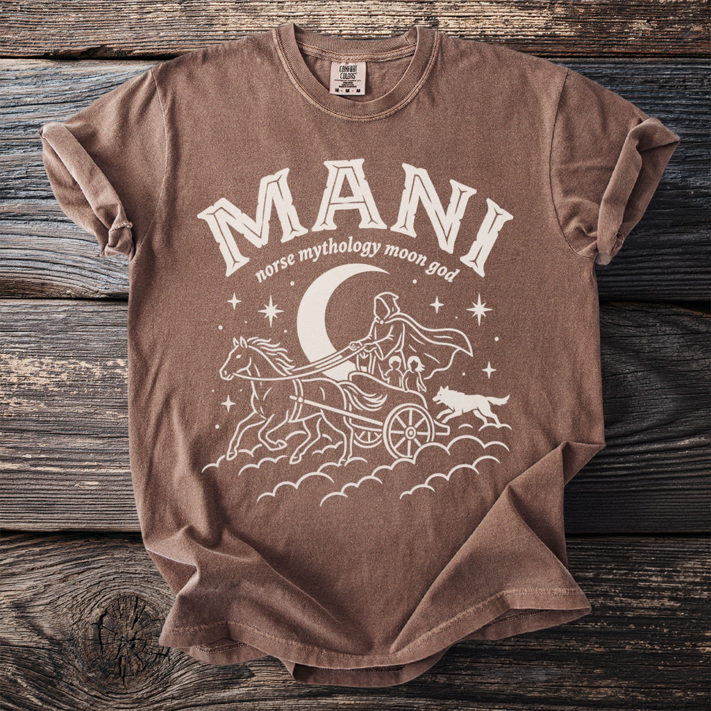 Brown t-shirt with "MANI norse mythology moon god" text and moon chariot graphic.