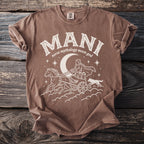 Brown t-shirt with "MANI norse mythology moon god" text and moon chariot graphic.
