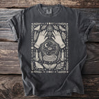 Dark grey t-shirt with a mystical celestial design featuring hands, crystal ball, moths, candles, and keys.