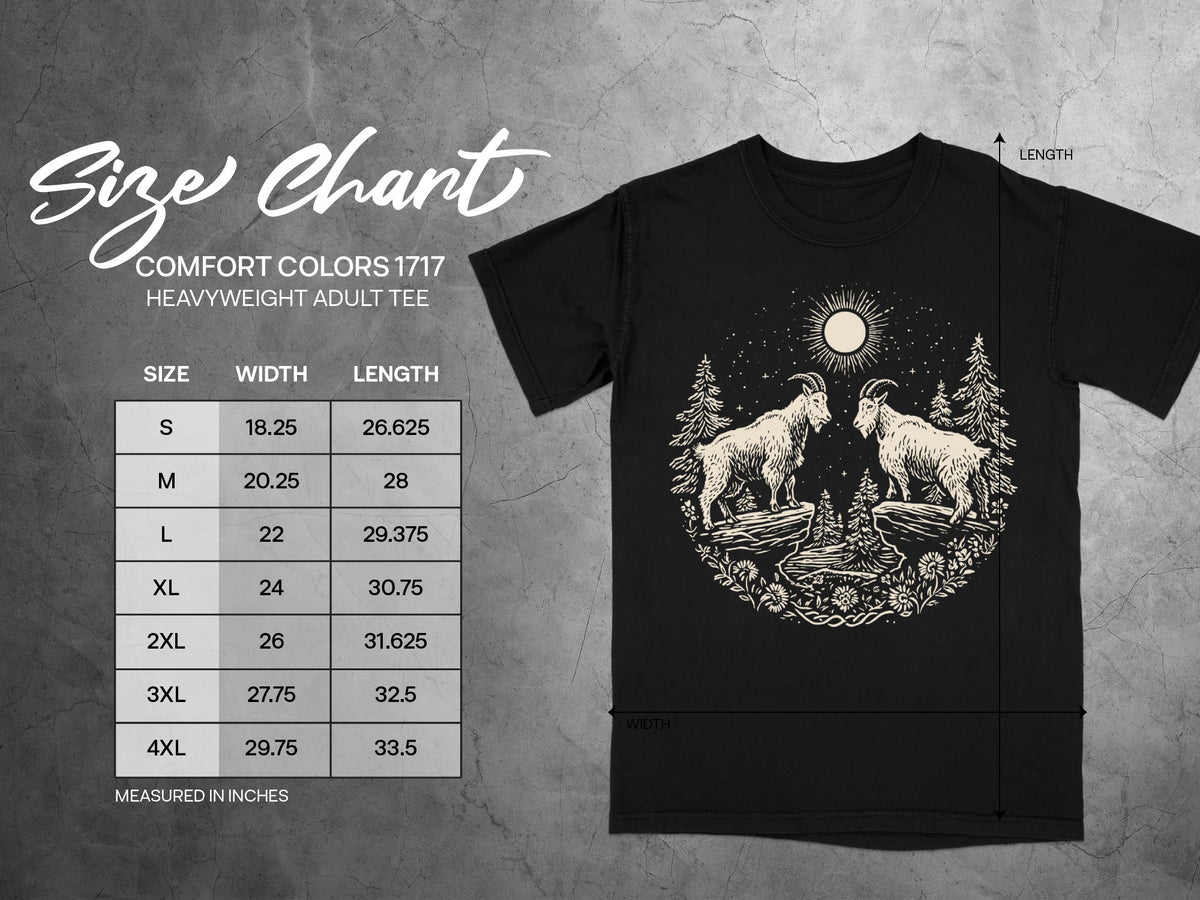Comfort Colors 1717 adult tee size chart with width and length measurements in inches.