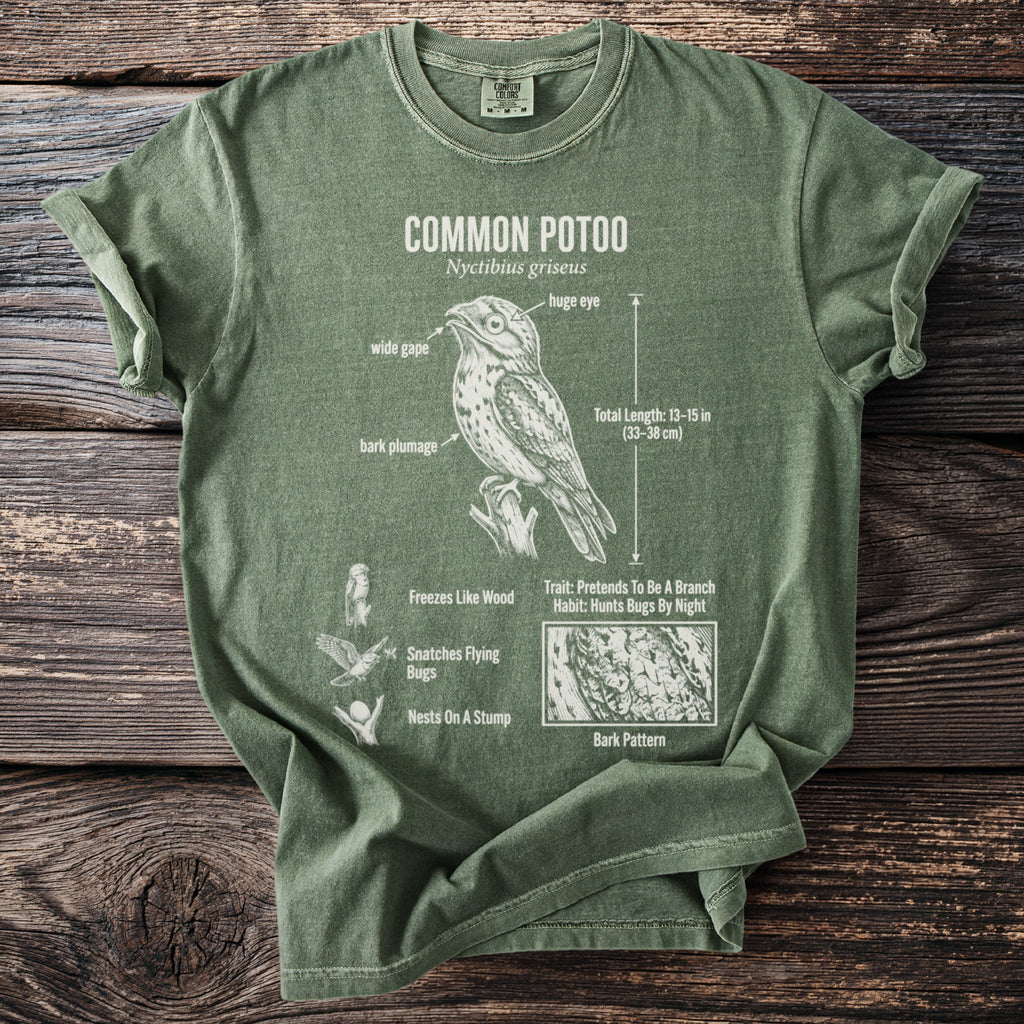Green t-shirt with Common Potoo bird diagram, showing anatomy and habits.