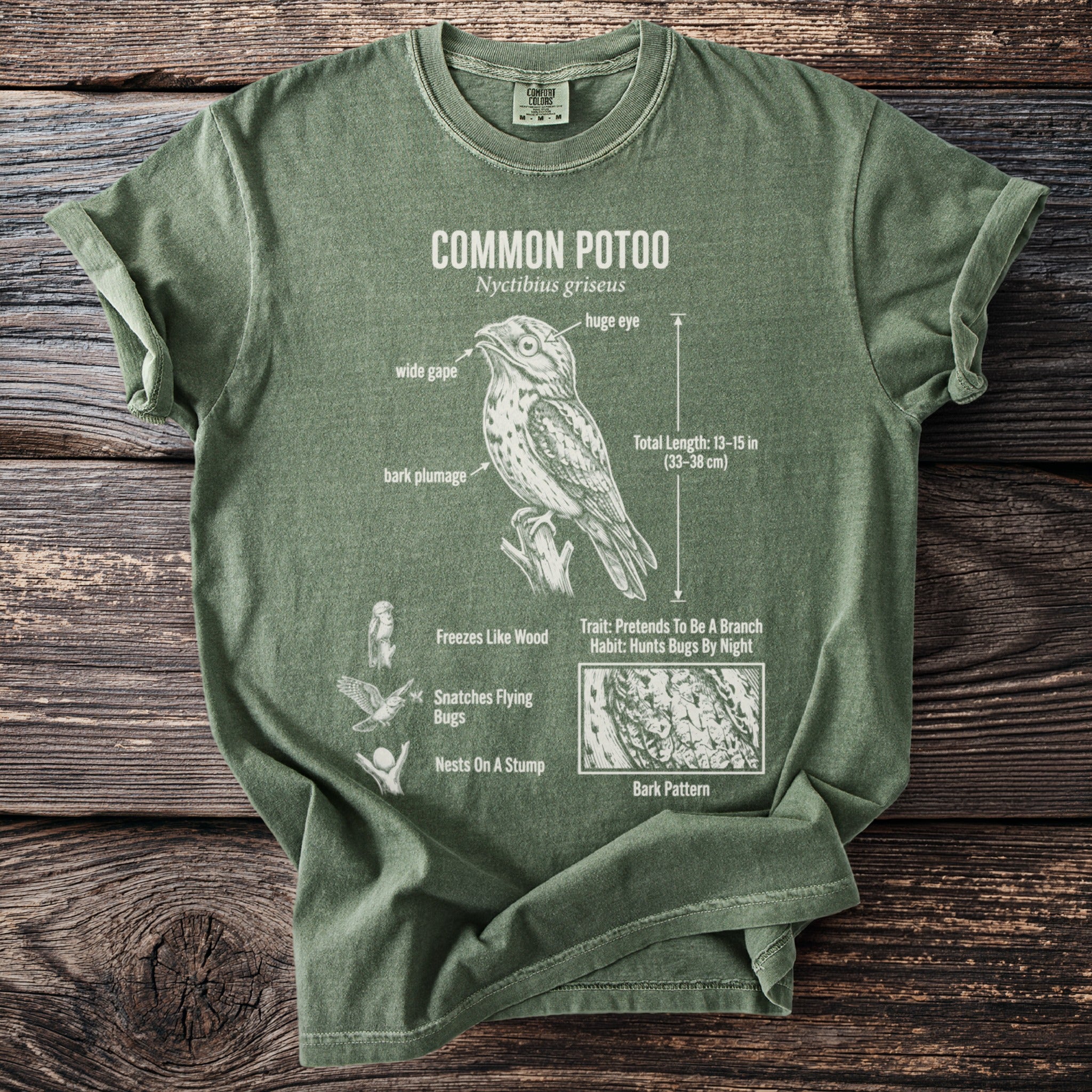 Green t-shirt with Common Potoo bird diagram, showing anatomy and habits.