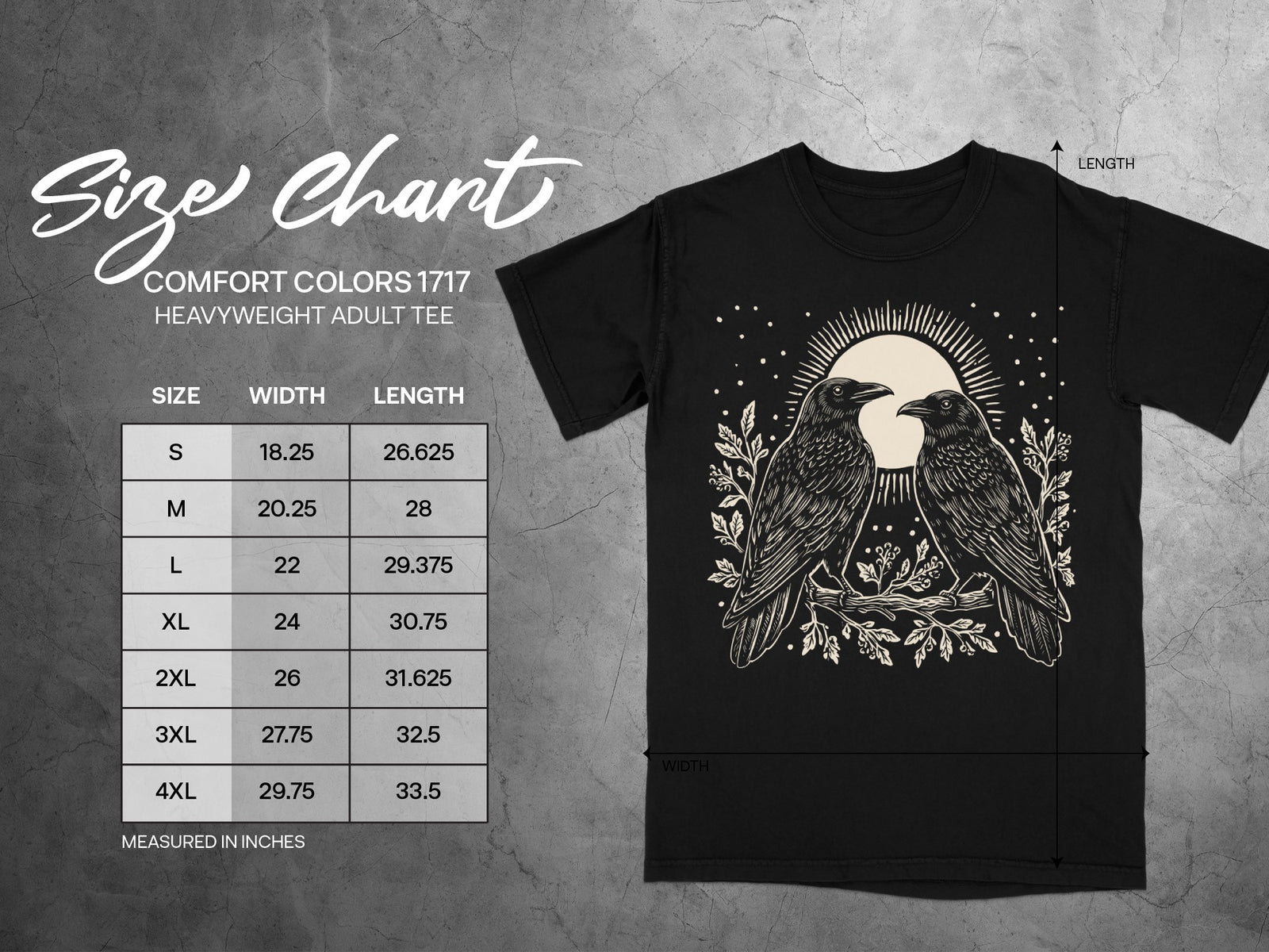 Comfort Colors 1717 heavyweight adult tee size chart with measurements in inches.