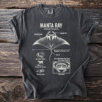 Dark gray t-shirt featuring a diagram of a manta ray with labeled anatomy and behaviors.