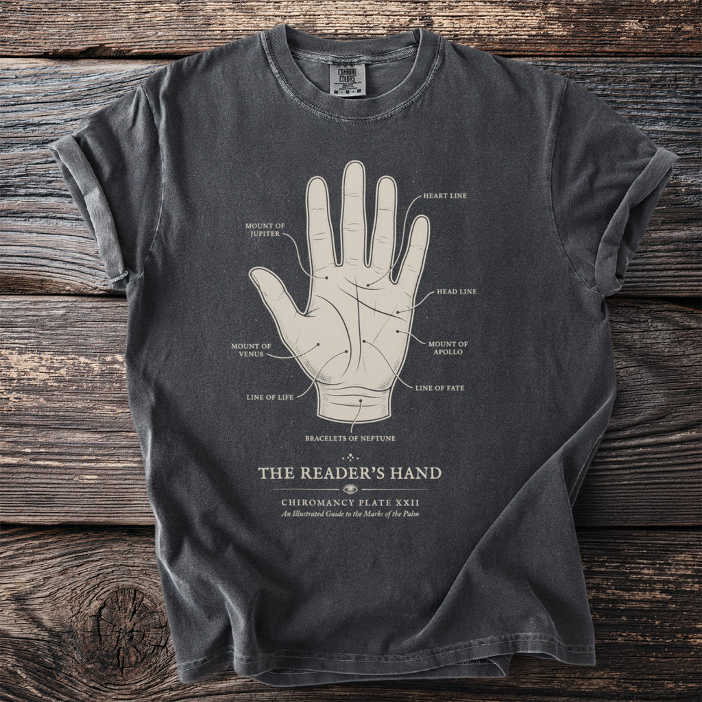 T-shirt with a palmistry diagram labeled "The Reader's Hand" and "Chiromancy Plate XXII."