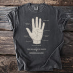 T-shirt with a palmistry diagram labeled "The Reader's Hand" and "Chiromancy Plate XXII."
