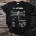 Black t-shirt with detailed scientific illustration of a Dragonfly and its life stages.