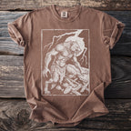Brown t-shirt with white graphic of a snarling werewolf standing on broken wood.