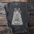 Dark grey t-shirt with a white illustration of a forest goddess, deer, owl, and maze.