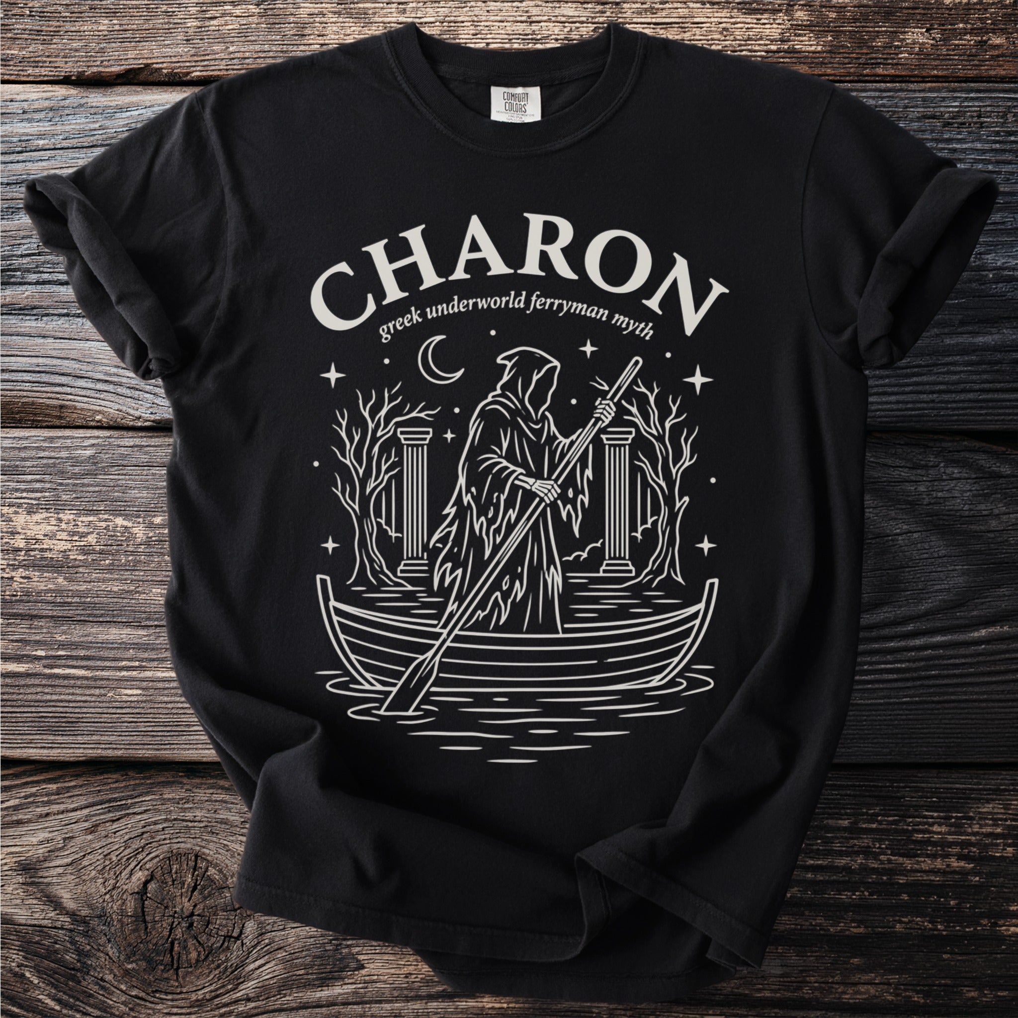 Black t-shirt with Charon, greek underworld ferryman myth graphic.