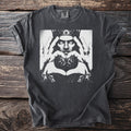 Dark grey t-shirt with a black and white graphic of a crowned king forming a heart shape with hands.