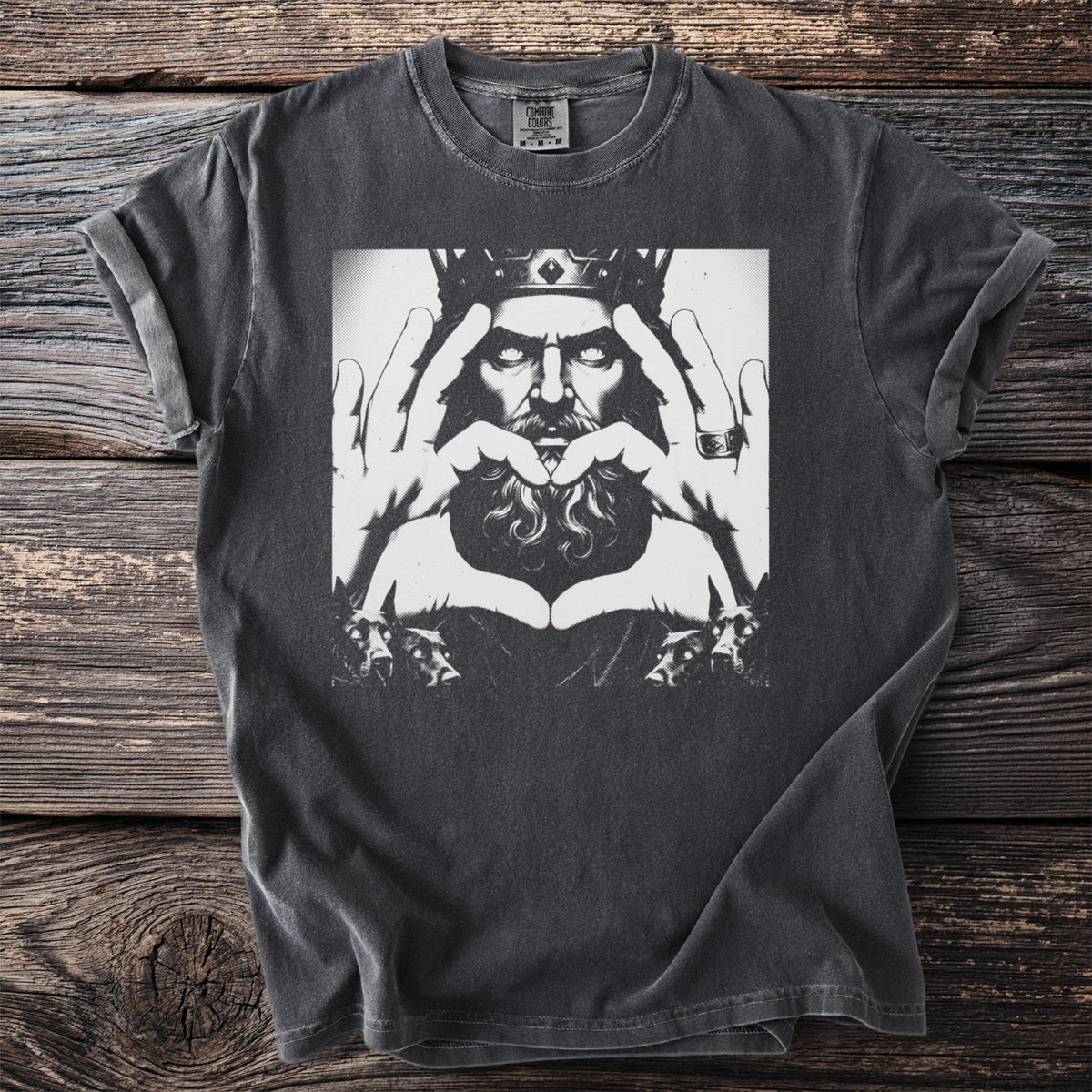 Dark grey t-shirt with a black and white graphic of a crowned king forming a heart shape with hands.