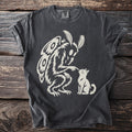 Dark grey t-shirt with a cream graphic of a mothman touching a cat's nose.