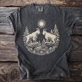 Dark t-shirt with cream graphic of two mountain goats, trees, moon, and flowers.