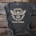 Dark t-shirt with cream graphic of an owl, runes, mushrooms, and "Forest Temple" text.
