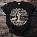 Black t-shirt with a circular tree design featuring two bears and a moon.