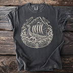 Dark t-shirt with a circular Viking ship design, two eagles, and runes.