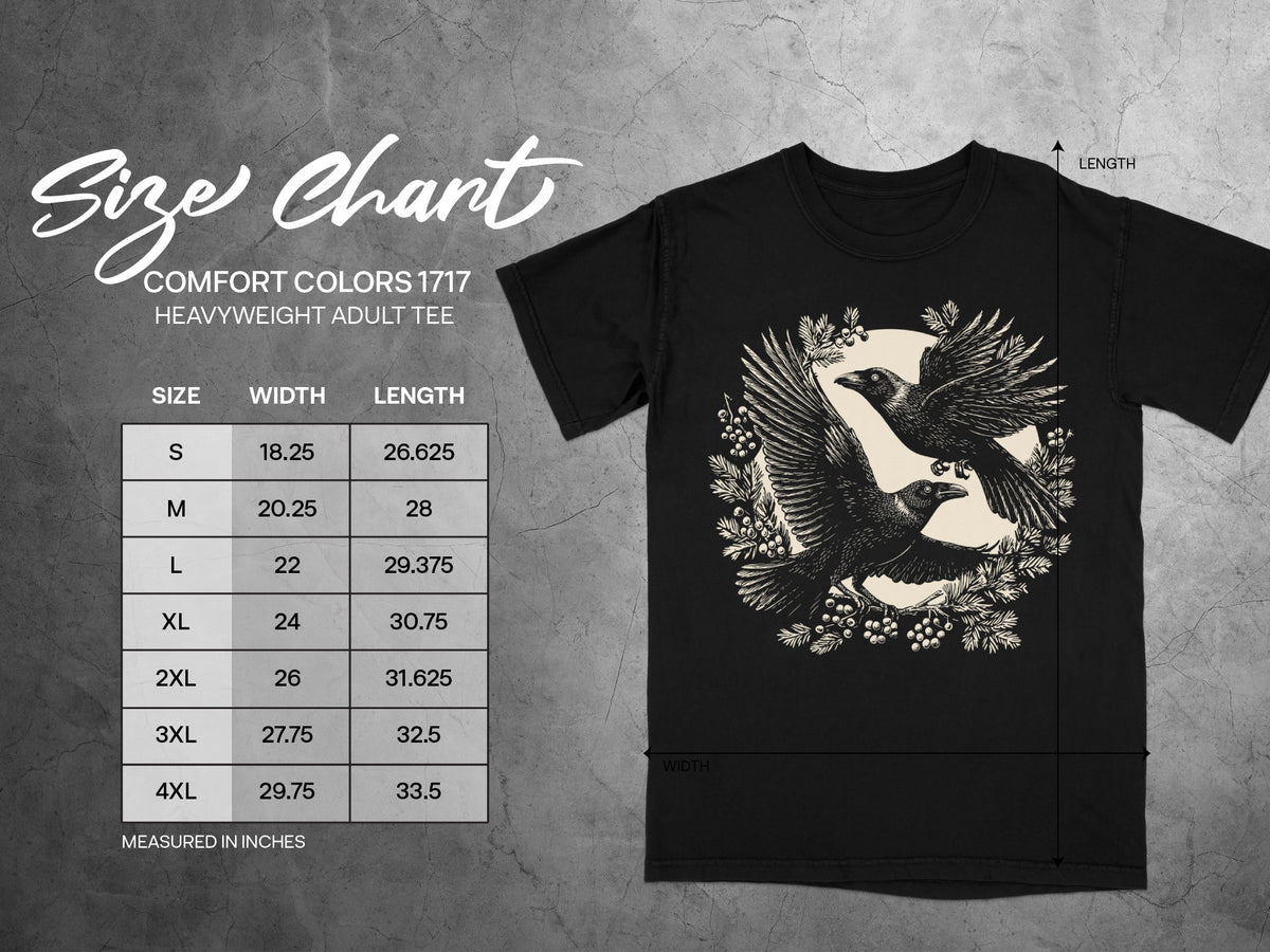 Comfort Colors 1717 heavyweight adult tee size chart with width and length measurements.