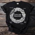 Black t-shirt with white graphic of "LOVE THE UNLOVED" surrounded by vulture, slug, woodlouse, blowfly, and beetle.